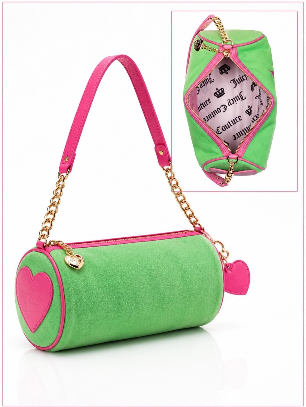 JUICY COUTURE Green Pink Logo Barrel BAG w Mini Purse Charm Y2K Velour Retro - Picture 4 of 6